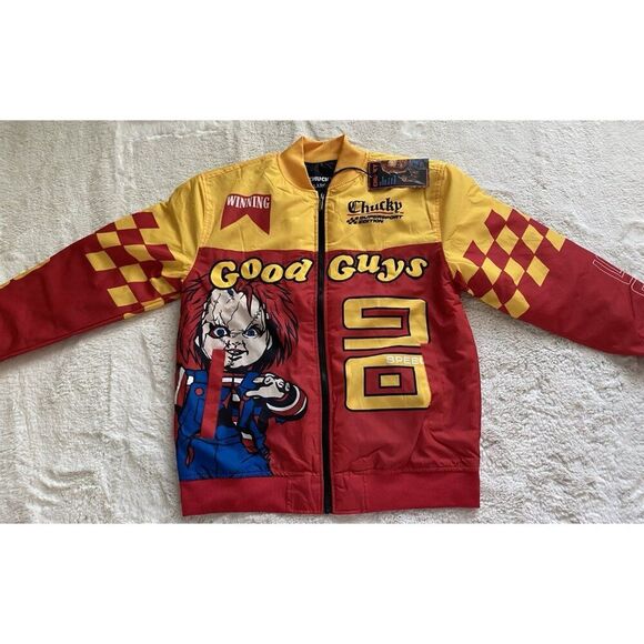 Reason X Chucky Good Guys Varsity Bomber Racing Red Jacket Men’s Sz L NEW - Picture 3 of 15
